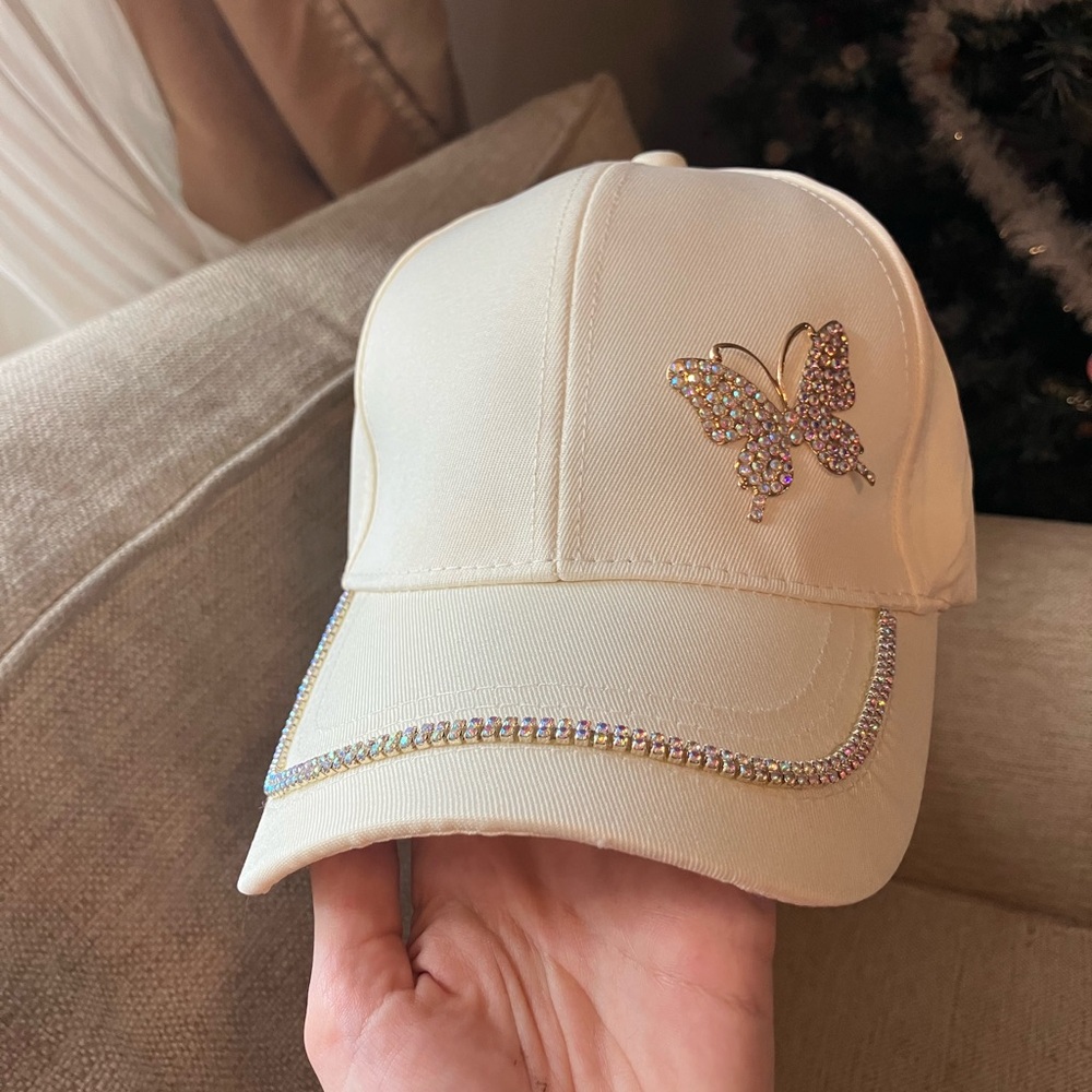 White hat with rhinestone butterfly and trim - Picture 8 of 8
